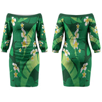 Green Banana Leaf Hawaii Couples Matching Off The Shoulder Long Sleeve Dress and Hawaiian Shirt Lau Maia Plumeria Tropical Summer Vibes LT14 - Polynesian Pride