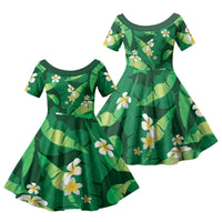 Green Banana Leaf Hawaii Family Matching Off Shoulder Short Dress and Hawaiian Shirt Lau Maia Plumeria Tropical Summer Vibes