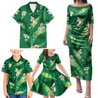 Green Banana Leaf Hawaii Family Matching Puletasi and Hawaiian Shirt Lau Maia Plumeria Tropical Summer Vibes