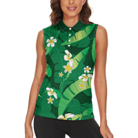 Green Banana Leaf Hawaii Women Sleeveless Polo Shirt Lau Maia Plumeria Tropical Summer Vibes LT14 - Polynesian Pride