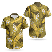 Yellow Banana Leaf Hawaii Couples Matching Long Sleeve Bodycon Dress and Hawaiian Shirt Lau Maia Plumeria Tropical Summer Vibes