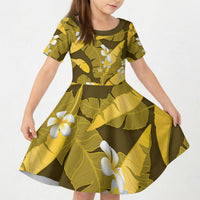 Yellow Banana Leaf Hawaii Kid Short Sleeve Dress Lau Maia Plumeria Tropical Summer Vibes