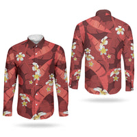 Red Banana Leaf Hawaii Couples Matching Off Shoulder Maxi Dress and Long Sleeve Button Shirt Lau Maia Plumeria Tropical Summer Vibes LT14 - Polynesian Pride