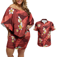 Red Banana Leaf Hawaii Couples Matching Off Shoulder Short Dress and Hawaiian Shirt Lau Maia Plumeria Tropical Summer Vibes LT14 Red - Polynesian Pride