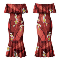 Red Banana Leaf Hawaii Family Matching Mermaid Dress and Hawaiian Shirt Lau Maia Plumeria Tropical Summer Vibes LT14 Mom's Dress Red - Polynesian Pride