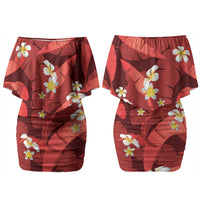 Red Banana Leaf Hawaii Family Matching Off Shoulder Short Dress and Hawaiian Shirt Lau Maia Plumeria Tropical Summer Vibes LT14 Mom's Dress Red - Polynesian Pride