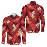 Red Banana Leaf Hawaii Family Matching Off Shoulder Short Dress and Hawaiian Shirt Lau Maia Plumeria Tropical Summer Vibes LT14 Dad's Shirt - Long Sleeve Red - Polynesian Pride