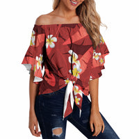 Red Banana Leaf Hawaii Off Shoulder Wrap Waist Top Lau Maia Plumeria Tropical Summer Vibes LT14 - Polynesian Pride