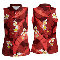 Red Banana Leaf Hawaii Women Sleeveless Polo Shirt Lau Maia Plumeria Tropical Summer Vibes