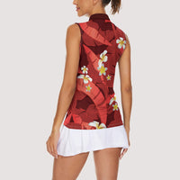 Red Banana Leaf Hawaii Women Sleeveless Polo Shirt Lau Maia Plumeria Tropical Summer Vibes