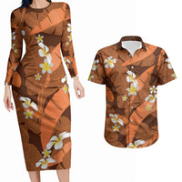 Orange Banana Leaf Hawaii Couples Matching Long Sleeve Bodycon Dress and Hawaiian Shirt Lau Maia Plumeria Tropical Summer Vibes