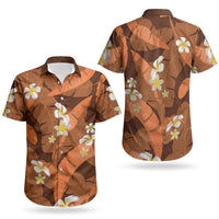 Orange Banana Leaf Hawaii Couples Matching Short Sleeve Bodycon Dress and Hawaiian Shirt Lau Maia Plumeria Tropical Summer Vibes