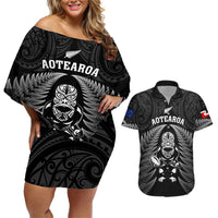 New Zealand Aotearoa Rugby Couples Matching Off Shoulder Short Dress and Hawaiian Shirt NZ Tiki With Maori Fern World Cup Black Version LT14 Black - Polynesian Pride