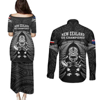 New Zealand Aotearoa Rugby Couples Matching Puletasi Dress and Long Sleeve Button Shirts NZ Tiki With Maori Fern World Cup Black Version LT14 - Polynesian Pride