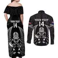 Custom New Zealand Aotearoa Rugby Couples Matching Off Shoulder Maxi Dress and Long Sleeve Button Shirts NZ Tiki With Maori Fern World Cup Black Version LT14 - Polynesian Pride