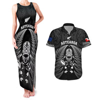 Custom New Zealand Aotearoa Rugby Couples Matching Tank Maxi Dress and Hawaiian Shirt NZ Tiki With Maori Fern World Cup Black Version LT14 Black - Polynesian Pride