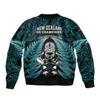 New Zealand Aotearoa Rugby Sleeve Zip Bomber Jacket NZ Tiki With Maori Fern World Cup Turquoise Version LT14 - Polynesian Pride
