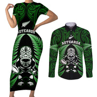 New Zealand Aotearoa Rugby Couples Matching Short Sleeve Bodycon Dress and Long Sleeve Button Shirts NZ Tiki With Maori Fern World Cup Green Version LT14 Green - Polynesian Pride