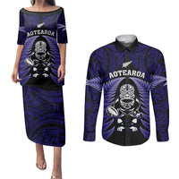 New Zealand Aotearoa Rugby Couples Matching Puletasi Dress and Long Sleeve Button Shirts NZ Tiki With Maori Fern World Cup Blue Version LT14 Blue - Polynesian Pride