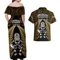 New Zealand Aotearoa Rugby Couples Matching Off Shoulder Maxi Dress and Hawaiian Shirt NZ Tiki With Maori Fern World Cup Gold Version LT14 - Polynesian Pride