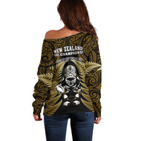 New Zealand Aotearoa Rugby Off Shoulder Sweater NZ Tiki With Maori Fern World Cup Gold Version LT14 - Polynesian Pride