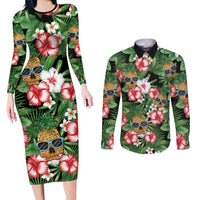 Pineapple Skull Aloha Hawaii Couples Matching Long Sleeve Bodycon Dress and Long Sleeve Button Shirt Summer Vibes Tropical Seamless Pattern - Polynesian Pride