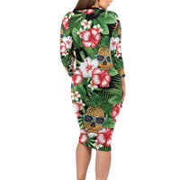 Pineapple Skull Aloha Hawaii Family Matching Long Sleeve Bodycon Dress and Hawaiian Shirt Summer Vibes Tropical Seamless Pattern - Polynesian Pride