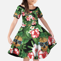 Pineapple Skull Aloha Hawaii Family Matching Puletasi and Hawaiian Shirt Summer Vibes Tropical Seamless Pattern LT14 Daughter's Dress Black - Polynesian Pride