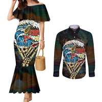 Aloha Hawaii Surfing Skull Couples Matching Mermaid Dress and Long Sleeve Button Shirt Shaka Skeleton Ride The Waves - Polynesian Pride