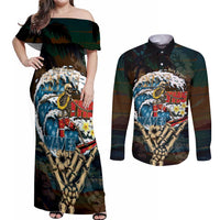 Aloha Hawaii Surfing Skull Couples Matching Off Shoulder Maxi Dress and Long Sleeve Button Shirt Shaka Skeleton Ride The Waves - Polynesian Pride