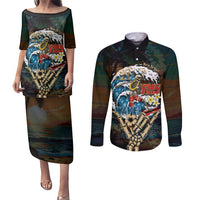 Aloha Hawaii Surfing Skull Couples Matching Puletasi and Long Sleeve Button Shirt Shaka Skeleton Ride The Waves LT14 Black - Polynesian Pride
