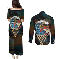 Aloha Hawaii Surfing Skull Couples Matching Puletasi and Long Sleeve Button Shirt Shaka Skeleton Ride The Waves LT14 - Polynesian Pride