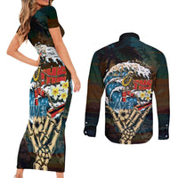Aloha Hawaii Surfing Skull Couples Matching Short Sleeve Bodycon Dress and Long Sleeve Button Shirt Shaka Skeleton Ride The Waves - Polynesian Pride