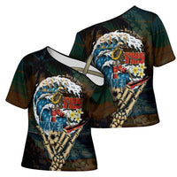Aloha Hawaii Surfing Skull Cross Shoulder Shirt Shaka Skeleton Ride The Waves LT14 - Polynesian Pride