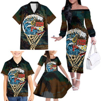 Aloha Hawaii Surfing Skull Family Matching Off The Shoulder Long Sleeve Dress and Hawaiian Shirt Shaka Skeleton Ride The Waves - Polynesian Pride