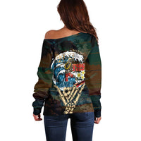 Aloha Hawaii Surfing Skull Off Shoulder Sweater Shaka Skeleton Ride The Waves - Polynesian Pride