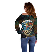 Aloha Hawaii Surfing Skull Off Shoulder Sweater Shaka Skeleton Ride The Waves - Polynesian Pride