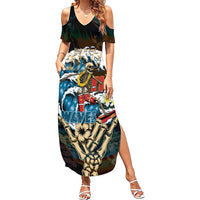 Aloha Hawaii Surfing Skull Summer Maxi Dress Shaka Skeleton Ride The Waves - Polynesian Pride