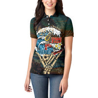 Aloha Hawaii Surfing Skull Women Polo Shirt Shaka Skeleton Ride The Waves - Polynesian Pride