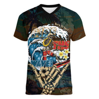 Aloha Hawaii Surfing Skull Women V-Neck T-Shirt Shaka Skeleton Ride The Waves - Polynesian Pride