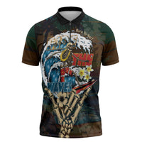 Aloha Hawaii Surfing Skull Zipper Polo Shirt Shaka Skeleton Ride The Waves LT14 Black - Polynesian Pride