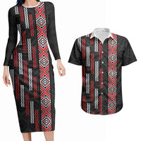 Roimata Toroa Maori Taniko Inspired New Zealand Couples Matching Long Sleeve Bodycon Dress and Hawaiian Shirt LT14 Black - Polynesian Pride