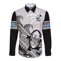 Fiji Tapa Rugby Long Sleeve Button Shirt Flying Fijian 2023 World Cup With Dabbing Ball LT14 Unisex White - Polynesian Pride