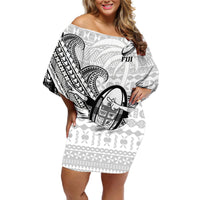Fiji Tapa Rugby Off Shoulder Short Dress Flying Fijian 2023 World Cup With Dabbing Ball LT14 Women White - Polynesian Pride
