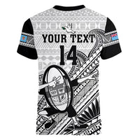 Custom Fiji Tapa Rugby Women V Neck T Shirt Flying Fijian 2023 World Cup With Dabbing Ball LT14 - Polynesian Pride