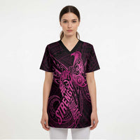 Polynesia Breast Cancer Awareness Scrub Top No One Fights Alone Pink Ribbon With Butterfly - Polynesian Pride