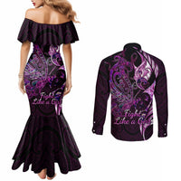 Personalised New Zealand Breast Cancer Couples Matching Mermaid Dress and Long Sleeve Button Shirts Fight Like A Girl Pink Manaia Fern With Paua Shell LT14 - Polynesian Pride