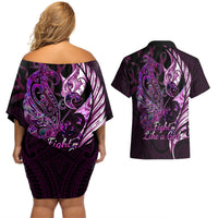 Personalised New Zealand Breast Cancer Couples Matching Off Shoulder Short Dress and Hawaiian Shirt Fight Like A Girl Pink Manaia Fern With Paua Shell LT14 - Polynesian Pride