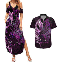 Personalised New Zealand Breast Cancer Couples Matching Summer Maxi Dress and Hawaiian Shirt Fight Like A Girl Pink Manaia Fern With Paua Shell LT14 Pink - Polynesian Pride