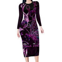 Personalised New Zealand Breast Cancer Family Matching Long Sleeve Bodycon Dress and Hawaiian Shirt Fight Like A Girl Pink Manaia Fern With Paua Shell LT14 Mom's Dress Pink - Polynesian Pride